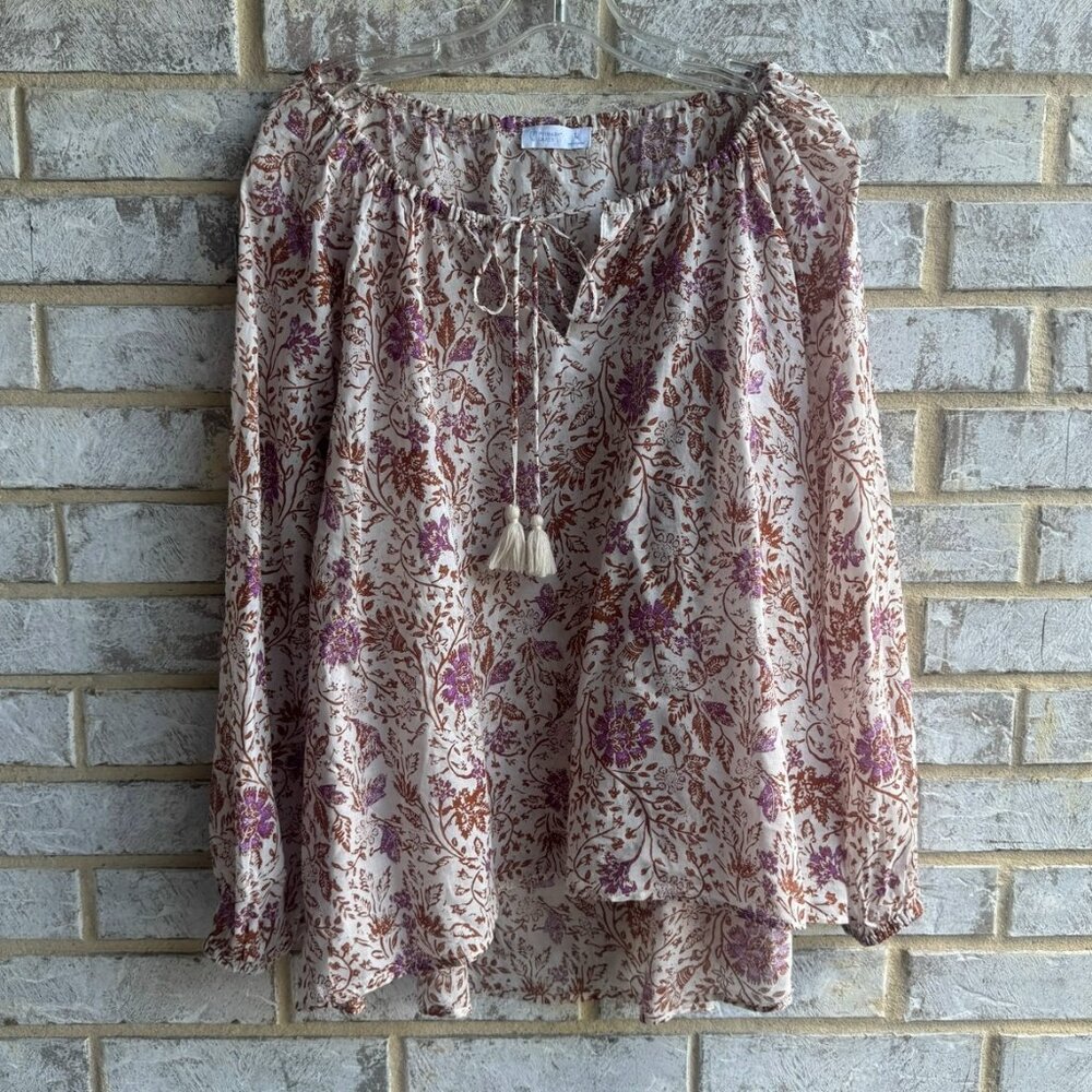 Primark Cares Long Sleeve Tie Neck 100% Cotton Floral Blouse Women's Size L